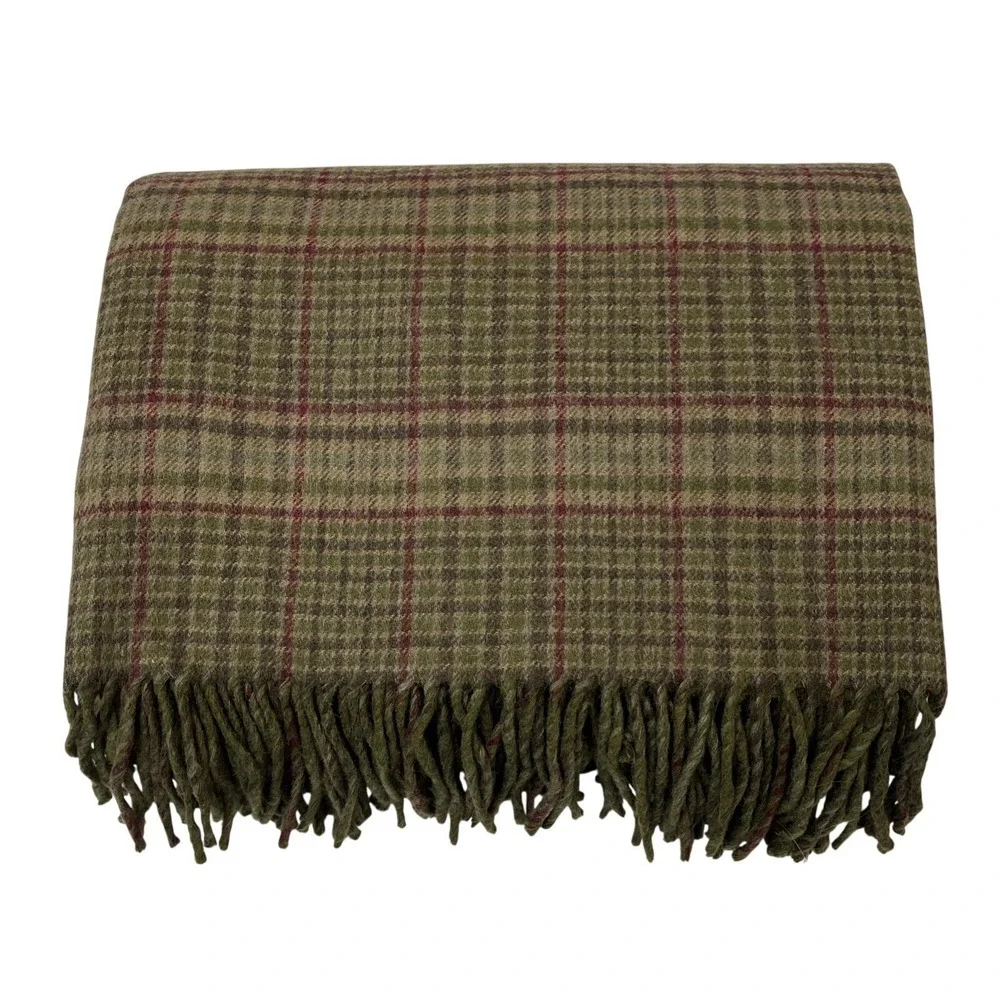 Vintage Lauren Ralph Lauren Green Plaid Wool Alpaca Blend Blanket Throw Fringe